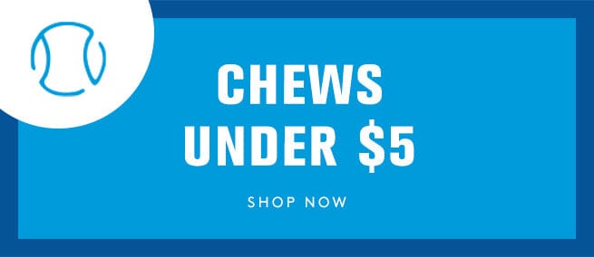 Text saying Chews under $5 - shop now CTA. blue background.