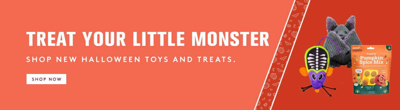 Promotional banner for Halloween toys and treats with a cat toy and package on an orange background.