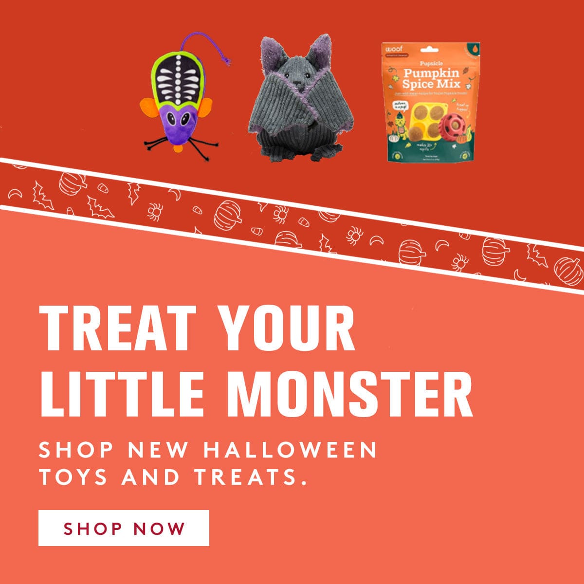 Promotional graphic with Halloween-themed toys and text on an orange background