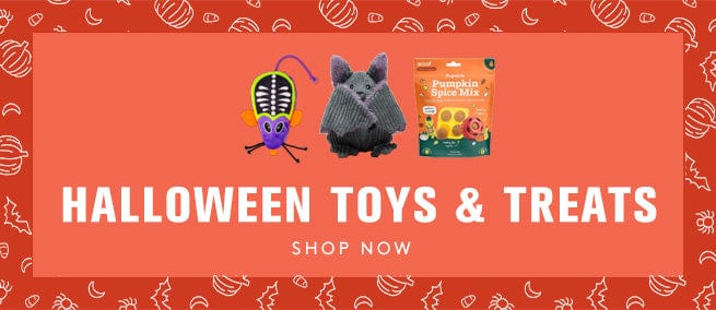 Promotional banner for Halloween toys and treats with cartoon characters and a product package on an orange background.