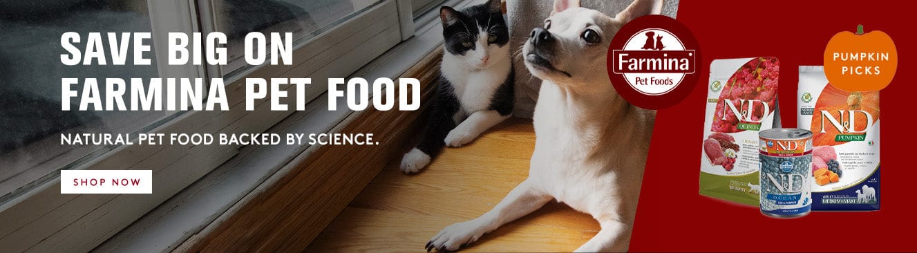Advertisement for Farmina pet food featuring a dog and cat on a wooden floor with product packaging.