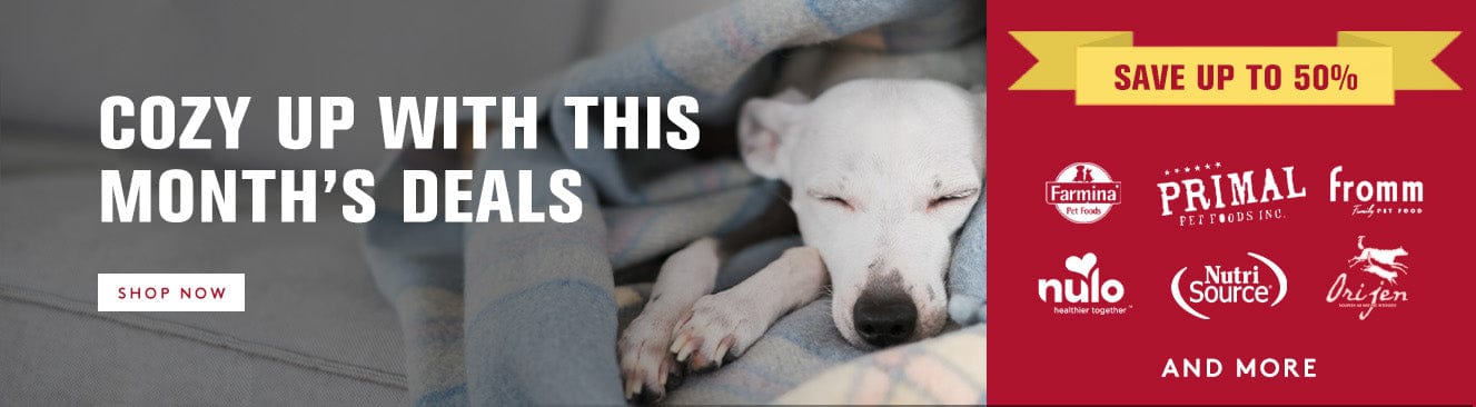 Dog sleeping under a blanket with promotional text and brand logos on a gray background