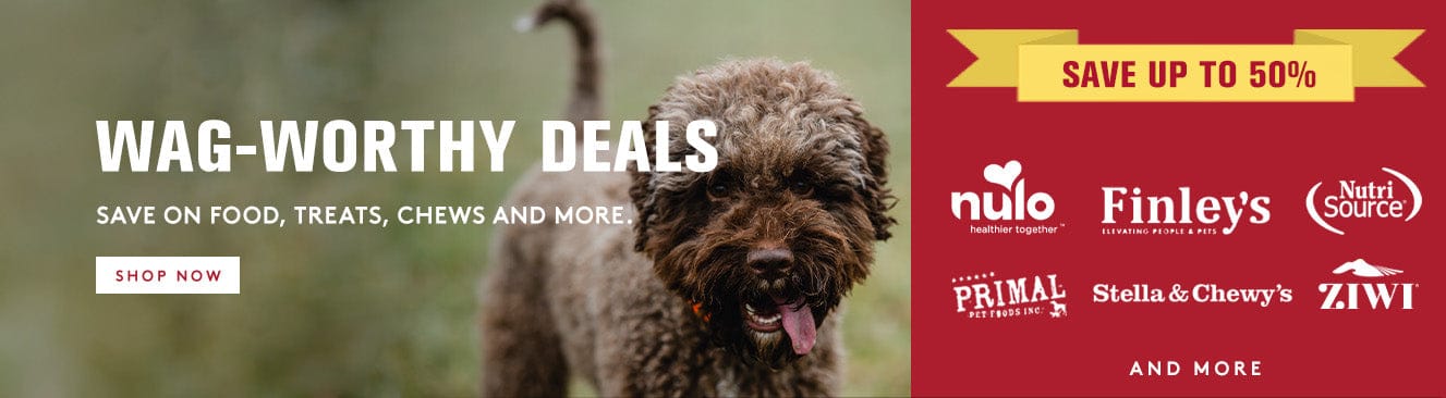 Dog with promotional text and brand logos for pet products on a red background