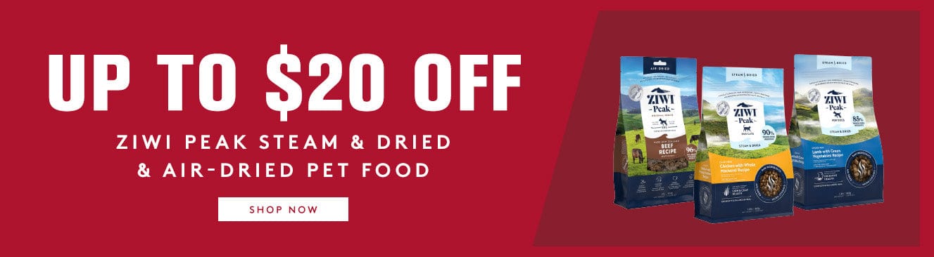 Promotional banner for Ziwi Peak pet food with product packaging and discount offer on a red background.