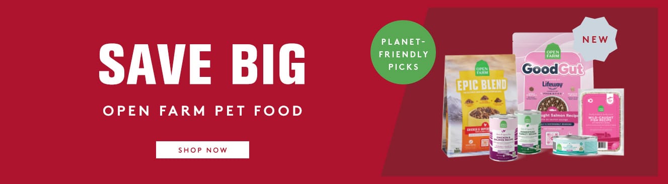 Open Farm Pet Food banner with product images and promotional text on a red background