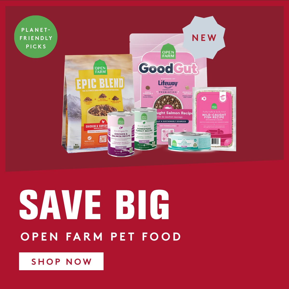Open Farm pet food products on a red background with promotional text.
