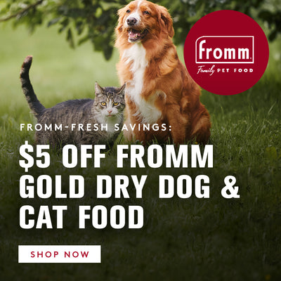 $5 off fromm gold dry dog and cat food. click to shop now. 