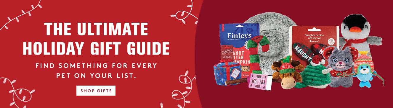 Red banner with holiday gift guide text and pet products on a red background. CTA to shop gifts.
