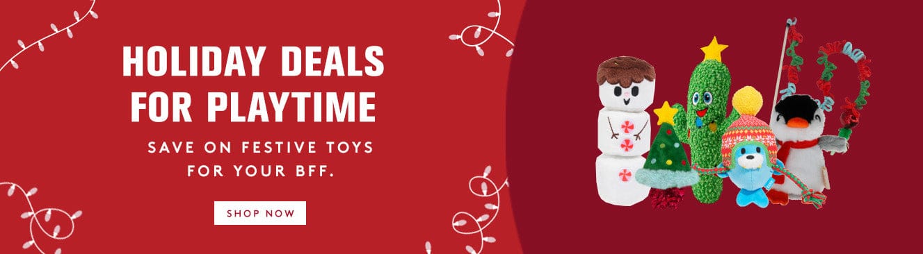 Red banner with festive toys and holiday deals text on a red background