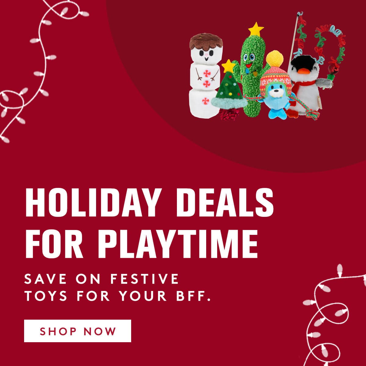 Promotional graphic for holiday deals on toys with cartoon characters on a red background.