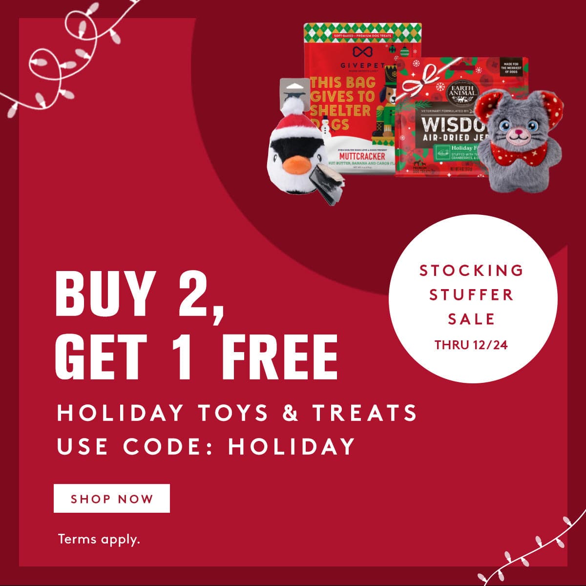 Promotional graphic for a stocking stuffer sale with holiday-themed products on a red background.