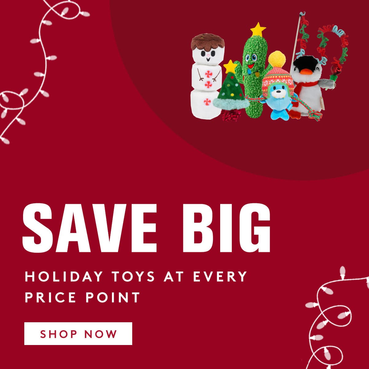 Promotional graphic with holiday-themed toys and text on a red background