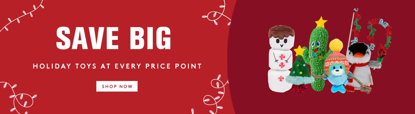 Red promotional banner with holiday toys and text 'Save Big' on a red background