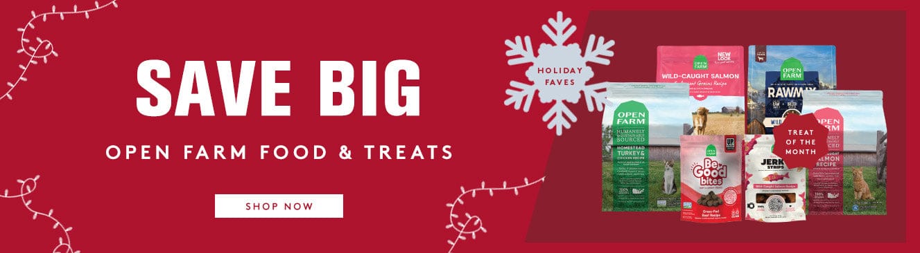 Promotional banner for Open Farm Food & Treats with holiday-themed packaging on a red background.