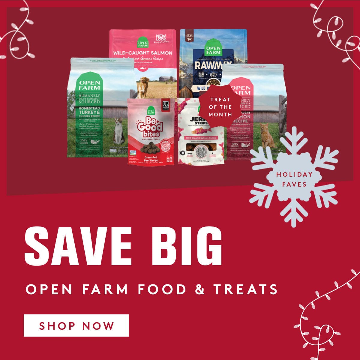 Promotional image of Open Farm food and treats with a red background and snowflake graphic.