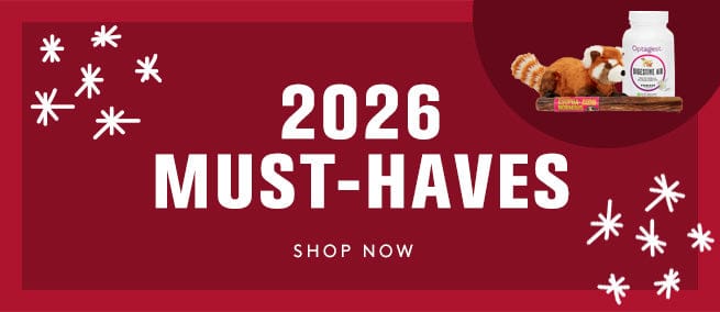 Promotional banner with '2026 Must-Haves' text, shop now button, and decorative elements on a red background.
