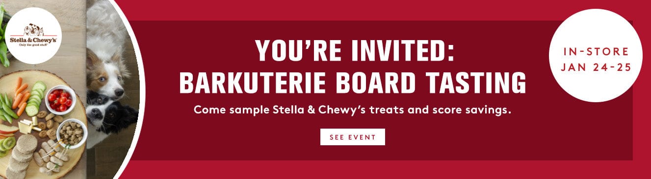 Red Background with image of 2 dogs looking at a cheese plate. Barkukterie Board Tasting Event in Store Jan 24 and 25. 