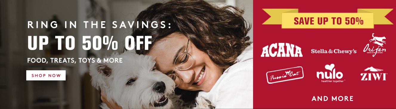 copy saying up to 50% off on dog and girl background with logos of brands on sale on red background