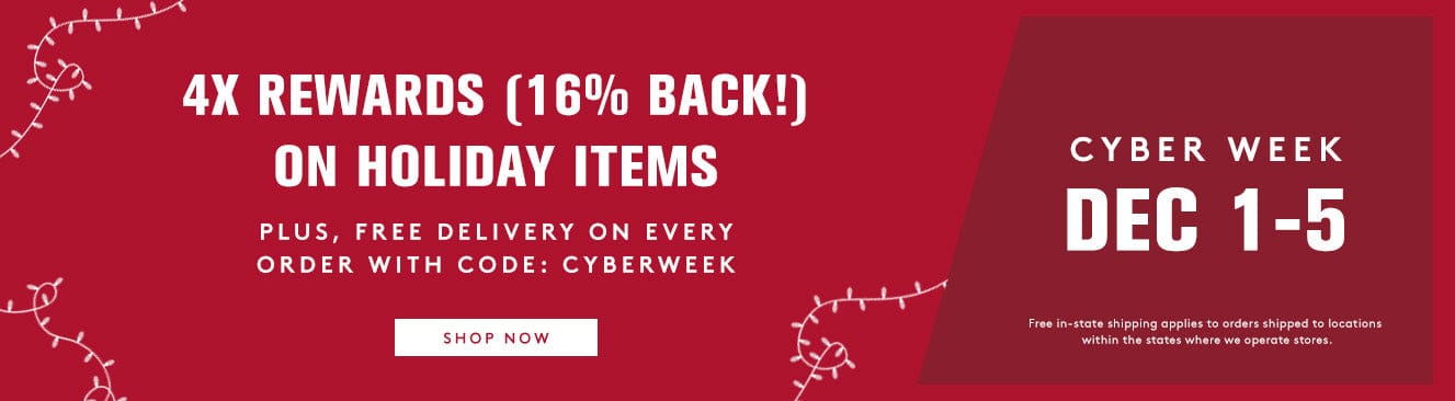 Red promotional banner for Cyber Week with text about rewards and free delivery.
