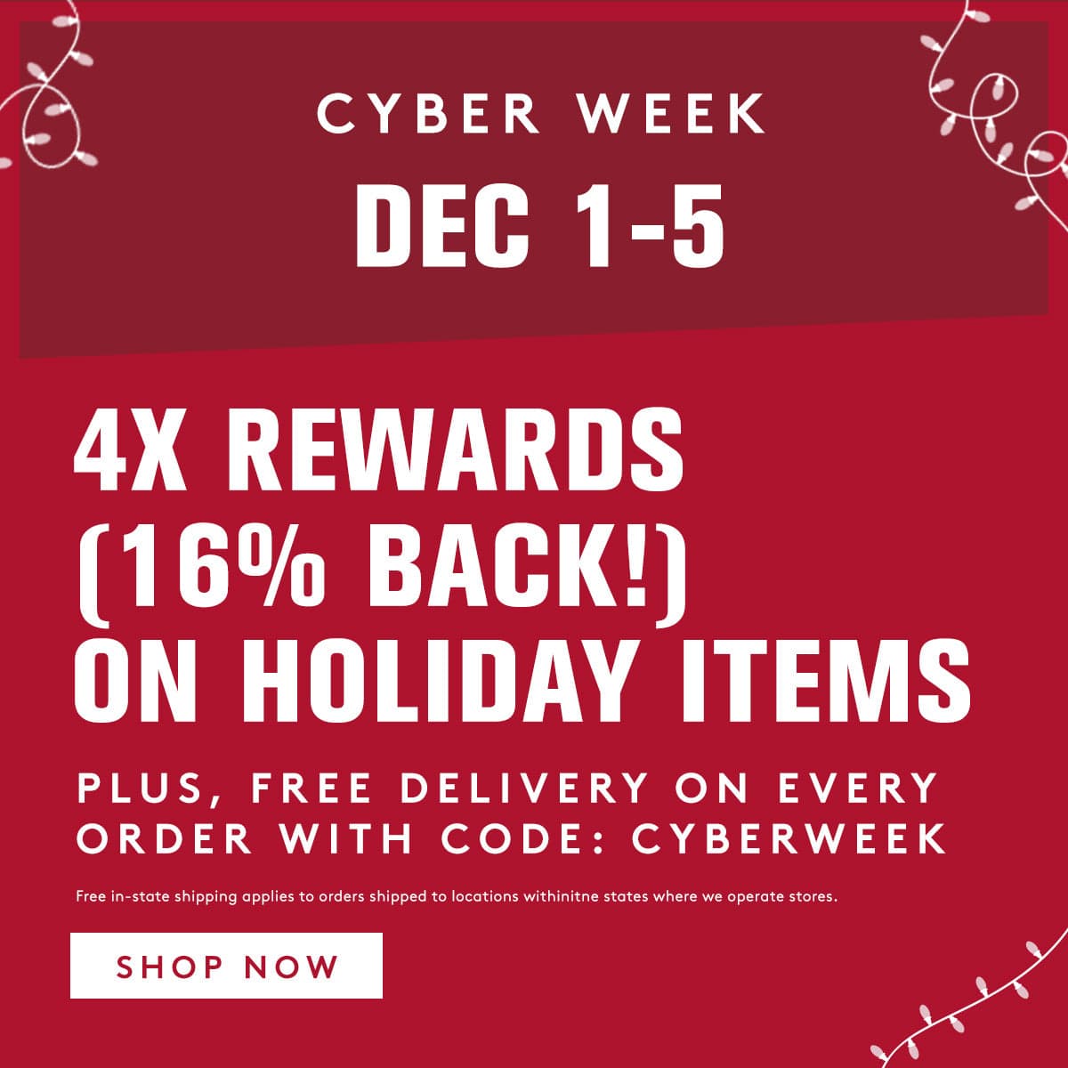 Red Cyber Week promotional banner with text about rewards and free delivery.