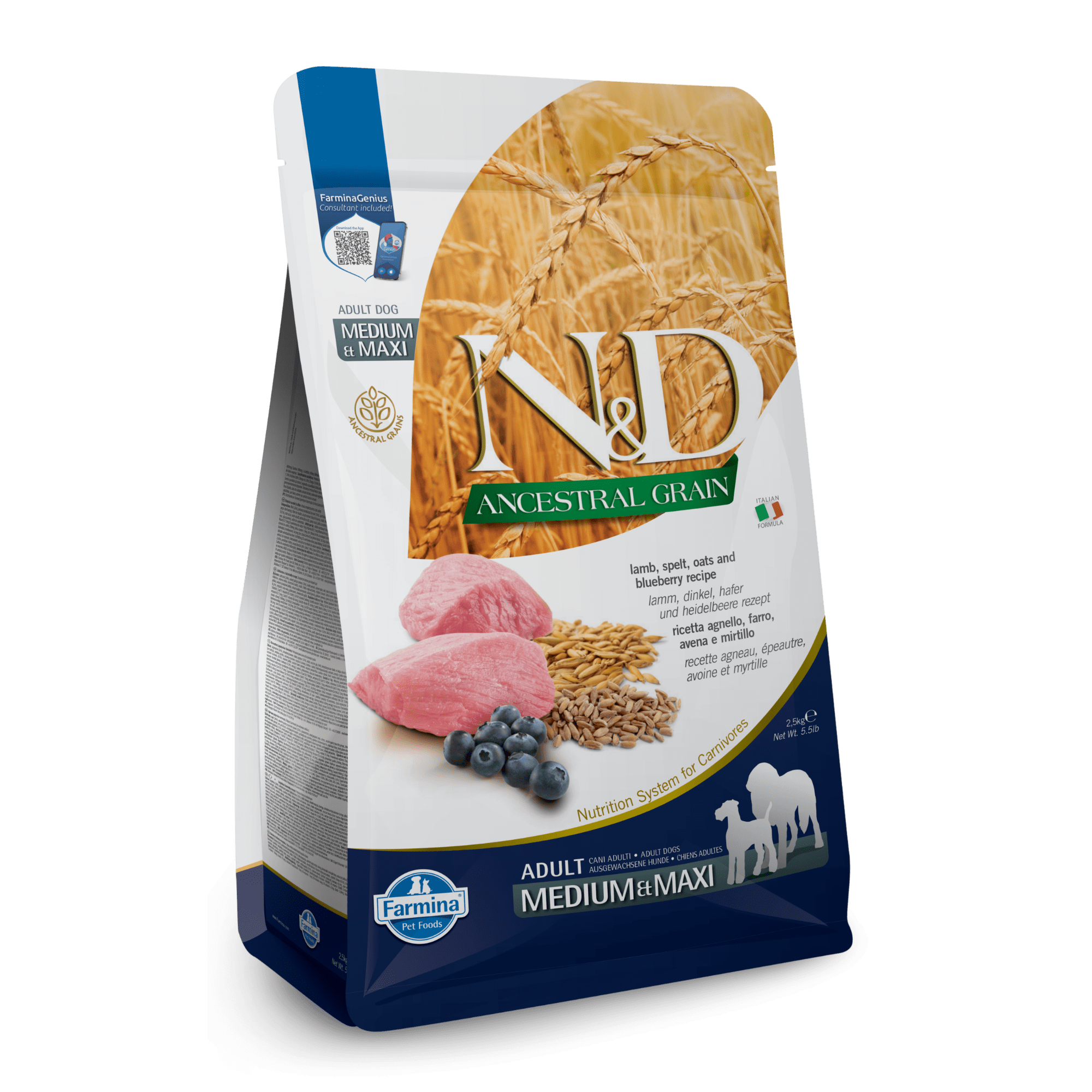Farmina N&D Ancestral Grain Lamb Blueberry Medium Maxi Adult Dry D