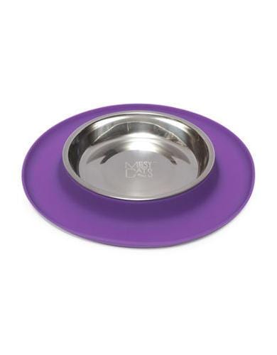 Messy Mutts Single Silicone Feeder With Stainless Saucer Shaped Bowl Cat Bowl-Purple