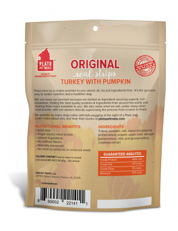 Plato Grain Free Real Strips Turkey With Pumpkin Dog Treats