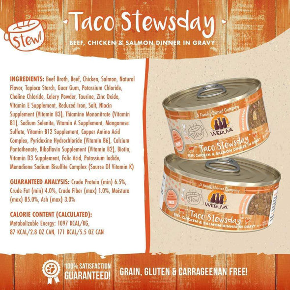 Weruva Classic Cat Stews! Taco Stewsday with Beef Chicken & Salmon in Gravy Canned Cat Food