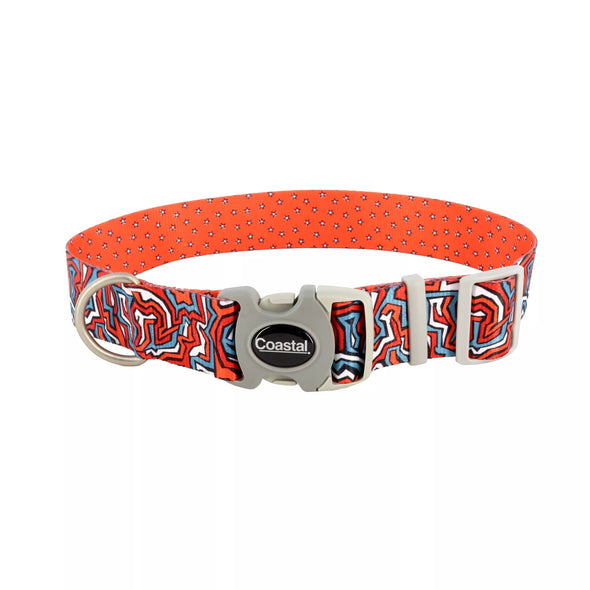 Coastal Pet Products Sublime Adjustable Dog Collar in Red Blue Graffiti with Red Stars