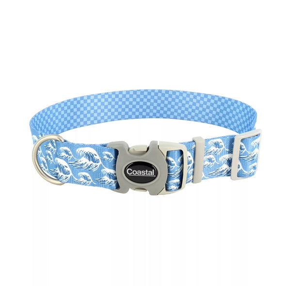 Coastal Pet Products Sublime Adjustable Dog Collar in Blue Waves with Blue Checkers