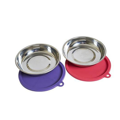 Messy Mutts Two Stainless Saucer Shaped Cat Bowls and Two Silicone Bowl Lids